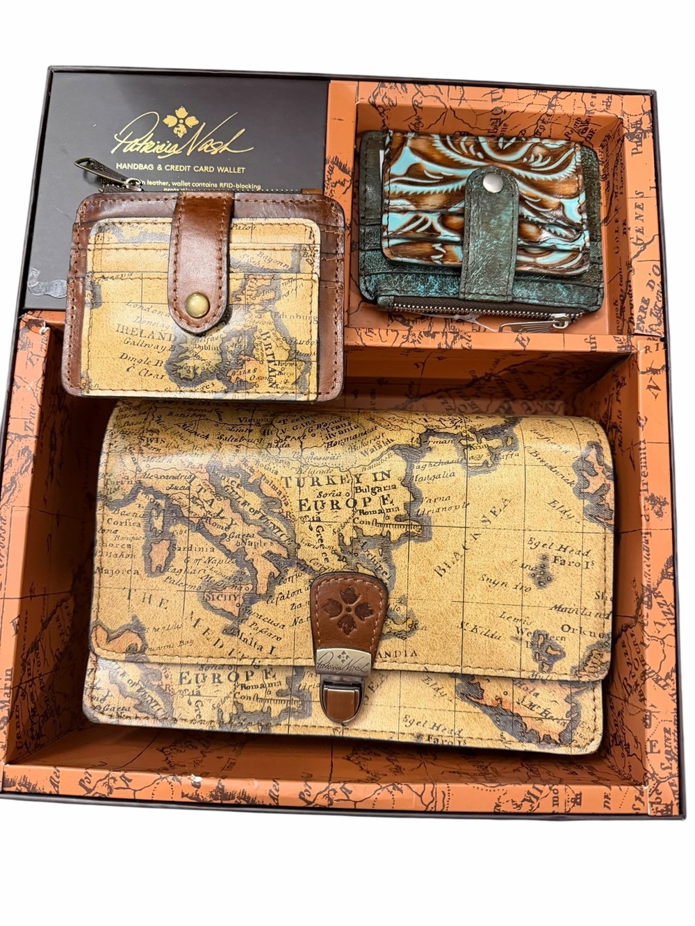 Patricia Nash Leather Handbag & 2- Credit Card Wallet Gift Set NEW European Map
